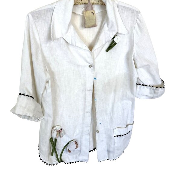 Handmade White Button Up Shirt Floral Embroidery Womens Medium 70s Hippie - Picture 1 of 11